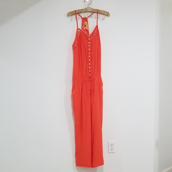 lizette collection Pants - Lizette Collection Coral/ Peach Lace Jumpsuit